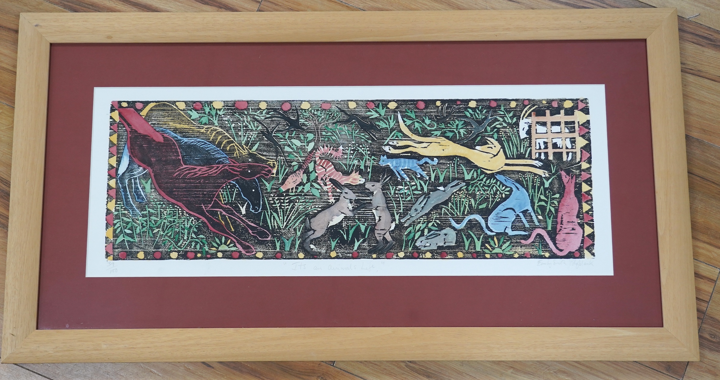 Emily Smith Polyblank, linocut, 'It's an animals life', signed in pencil, limited edition 39/100, 26 x 70cm